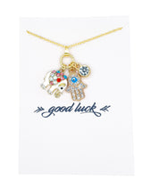 Load image into Gallery viewer, Elephant Hamsa Hand Necklace on Good Luck Charms