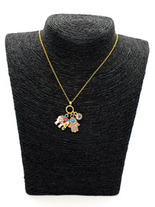 Elephant Hamsa Multi Charm Good Luck Gold Necklace