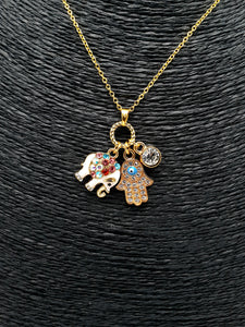 Elephant Hamsa Multi Charm Good Luck Gold Necklace