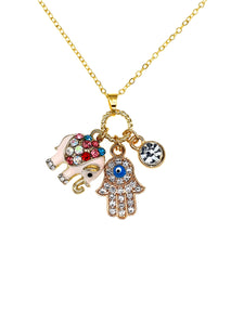 Elephant Hamsa Multi Charm Good Luck Gold Necklace